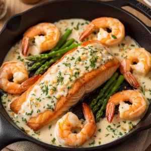 Savoury Salmon and Shrimp in Rich Creamy Garlic Sauce Delight