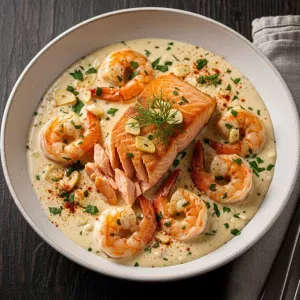 Savoury Salmon and Shrimp in Rich Creamy Garlic Sauce Delight