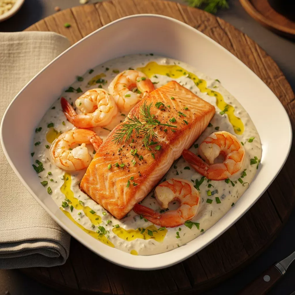 Savoury Salmon and Shrimp in Rich Creamy Garlic Sauce Delight