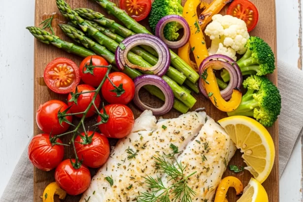 Flavorful Baked Fish with Vibrant Veggie Medley Delight