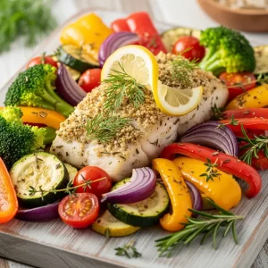 Flavorful Baked Fish with Vibrant Veggie Medley Delight