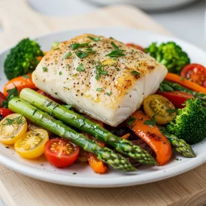 Flavorful Baked Fish with Vibrant Veggie Medley Delight