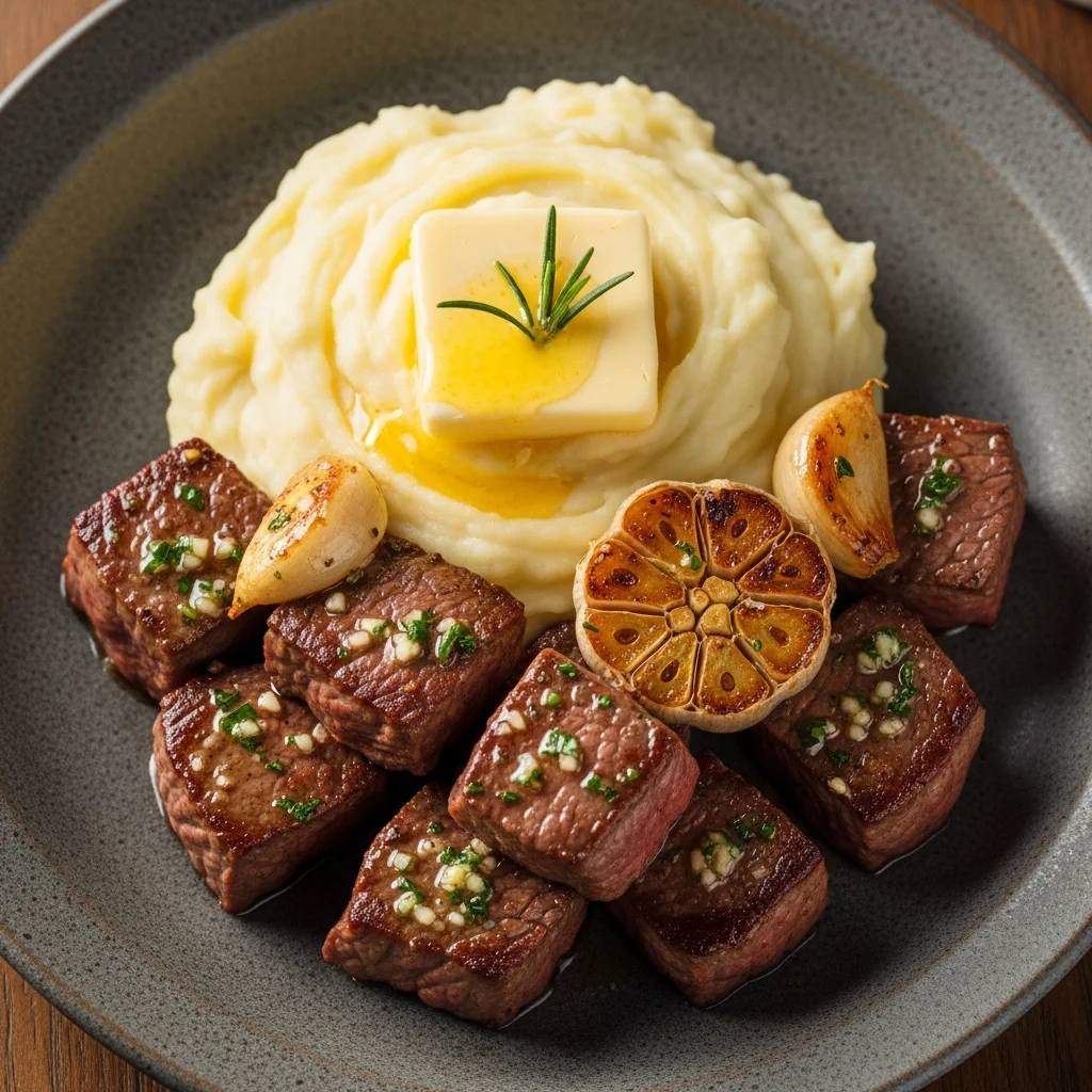 Savor Garlic Butter Steak Bites with Creamy Mash Bliss