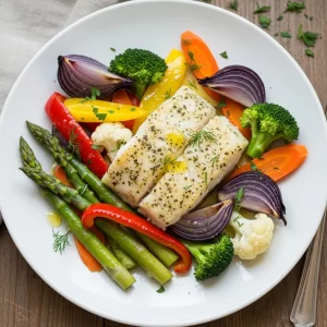 Flavorful Baked Fish with Vibrant Veggie Medley Delight