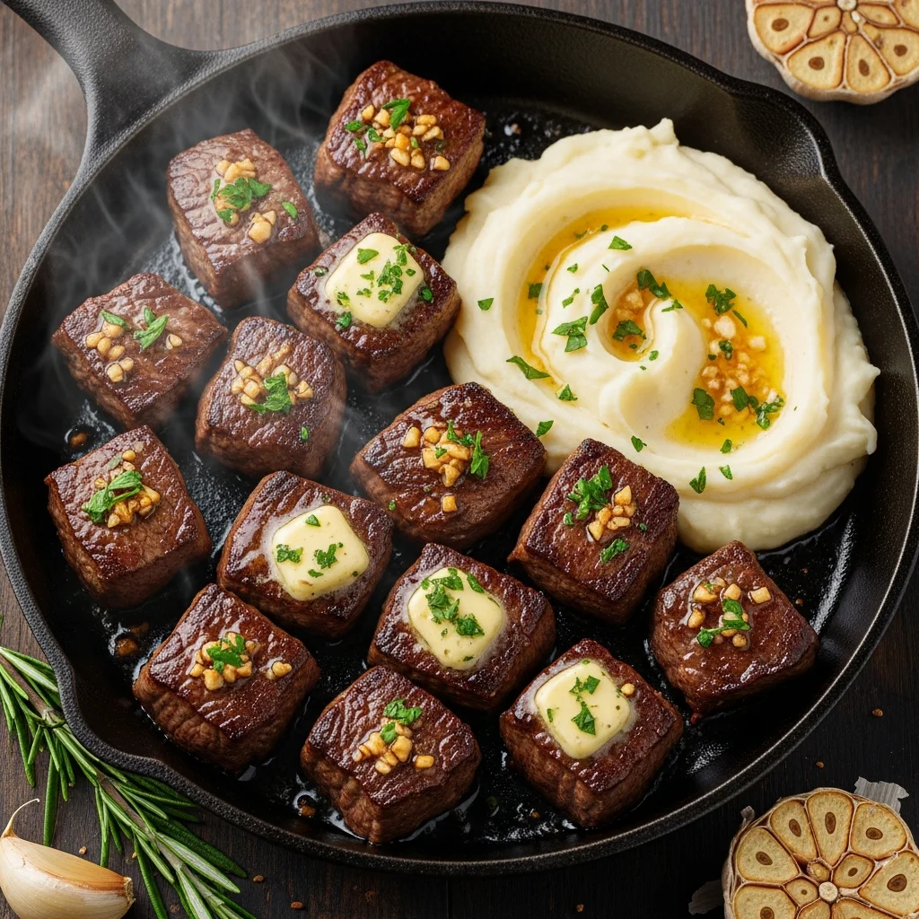 Savor Garlic Butter Steak Bites with Creamy Mash Delight