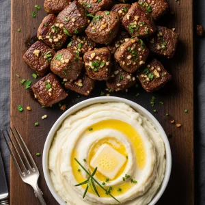 Savor Garlic Butter Steak Bites with Creamy Mash Delight