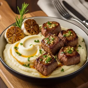 Savor Garlic Butter Steak Bites with Creamy Mash Delight