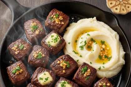 Savor Garlic Butter Steak Bites with Creamy Mash Delight