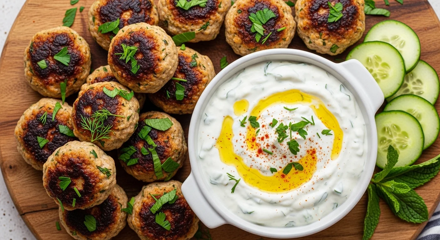 Savory Greek Turkey Meatballs with Creamy Tzatziki Dip
