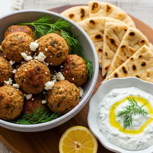 Savory Greek Turkey Meatballs with Creamy Tzatziki Dip